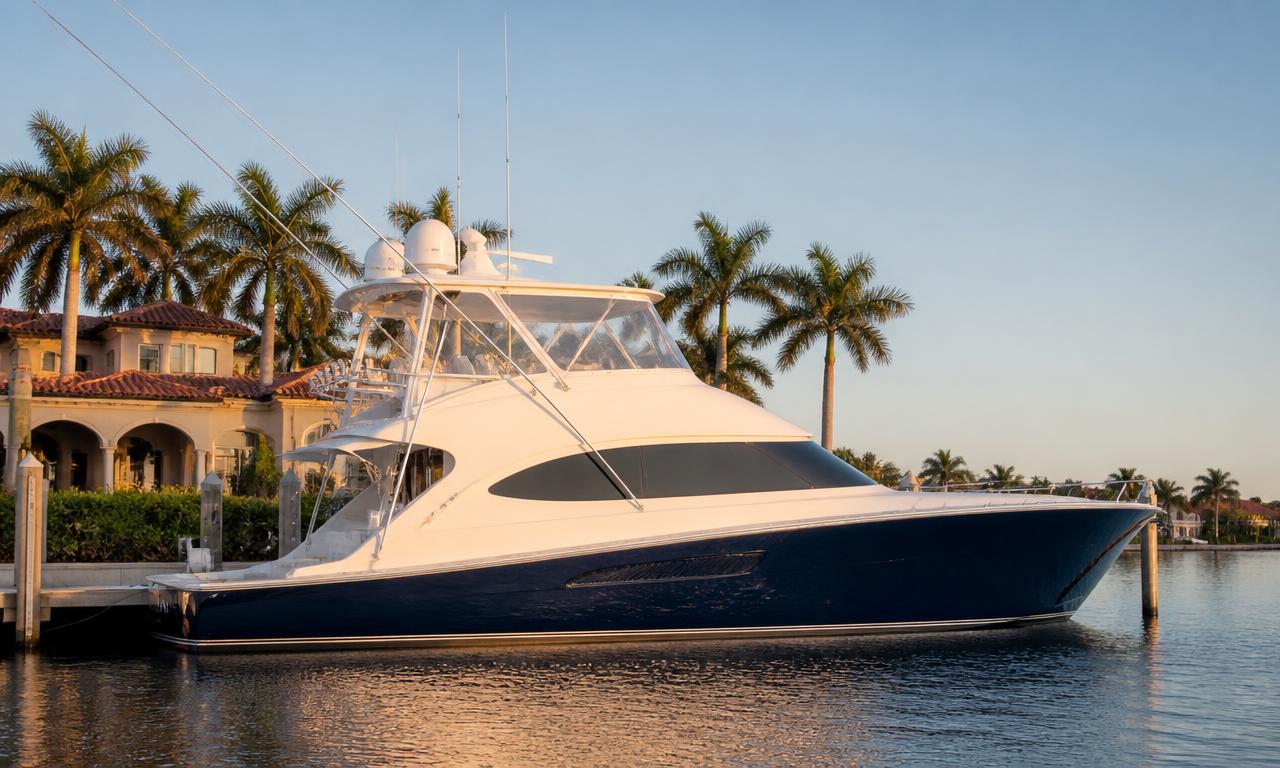 Sample vessel: 60-foot sportfish yacht with dark blue hull at a Palm Beach marina